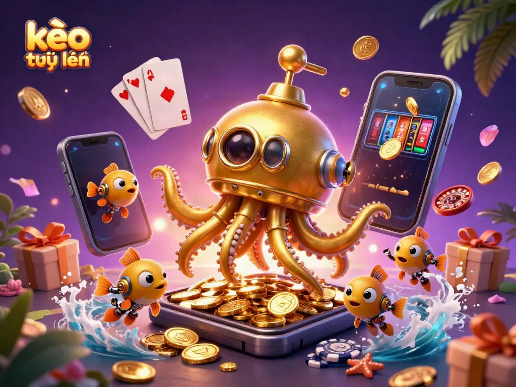 Experience kèo trực tuyến with a dynamic scene of a golden kraken submarine amidst gaming elements.