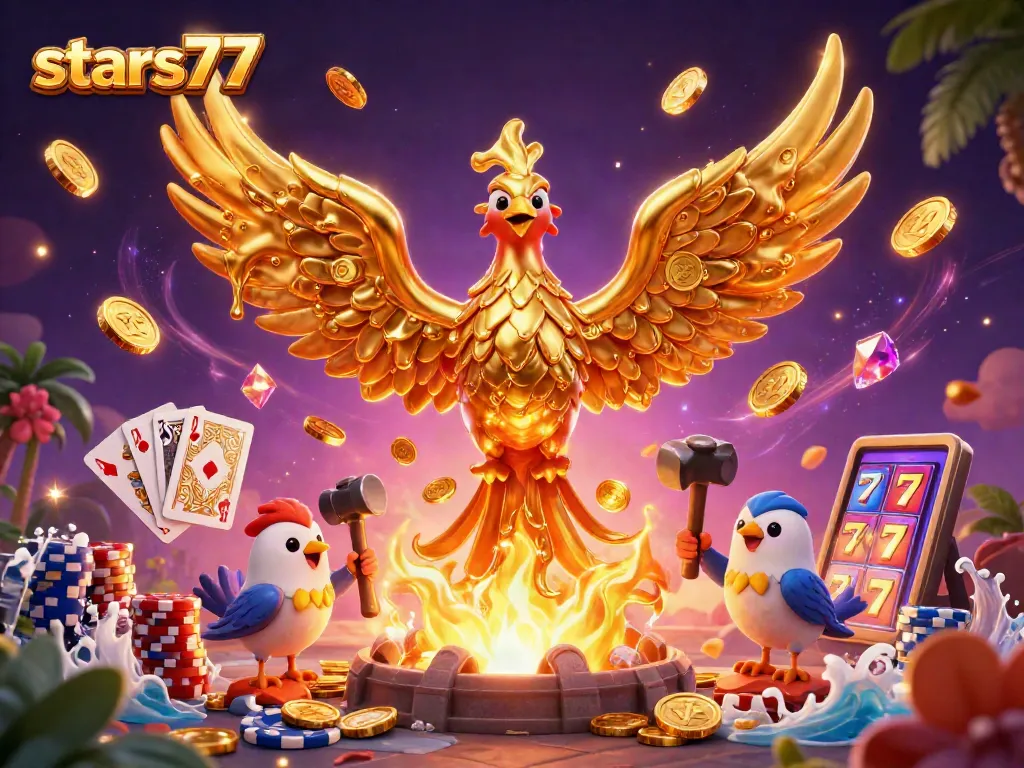 Fitur menarik dari stars77 dengan phoenix emas dan slot yang mengalirkan koin keberuntungan.
