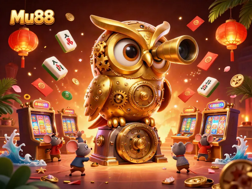 Experience thrilling gameplay at Mu88 with a vibrant casino scene featuring a golden owl and lively patrons.