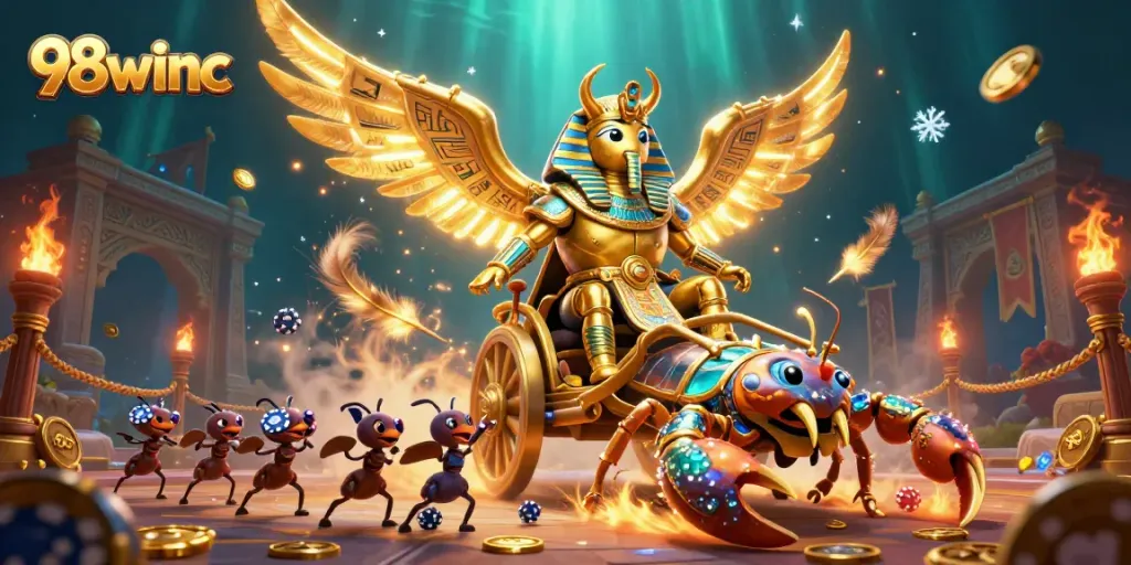 Engage in thrilling battles at 98winc with golden beetles and scorpions in a vibrant arena.