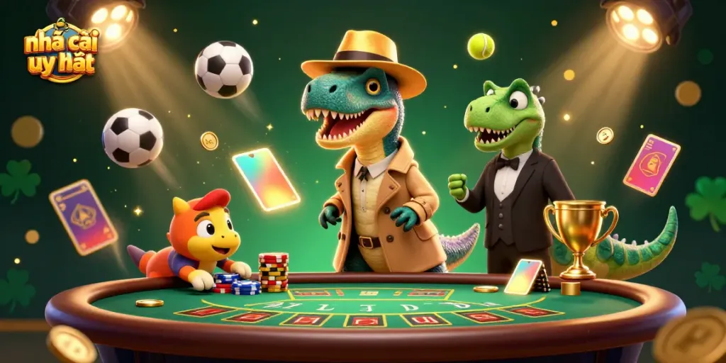 Jump into the action with a velociraptor at a blackjack table in a dynamic casino scene, showcasing nhà cái uy tín.