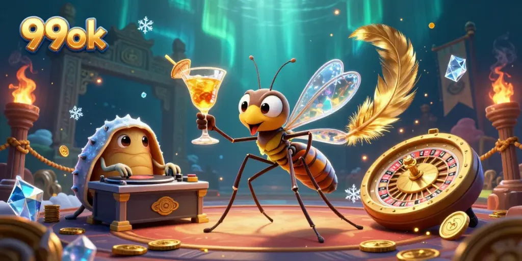 Experience the thrill of 99ok with a spirited casino mascot in vibrant 3D illustration.