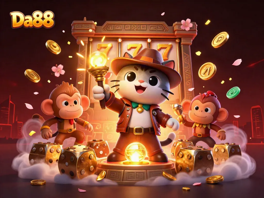 Experience thrilling gameplay with Da88 as the cartoon explorer discovers a golden casino artifact among slot reels and vibrant elements.