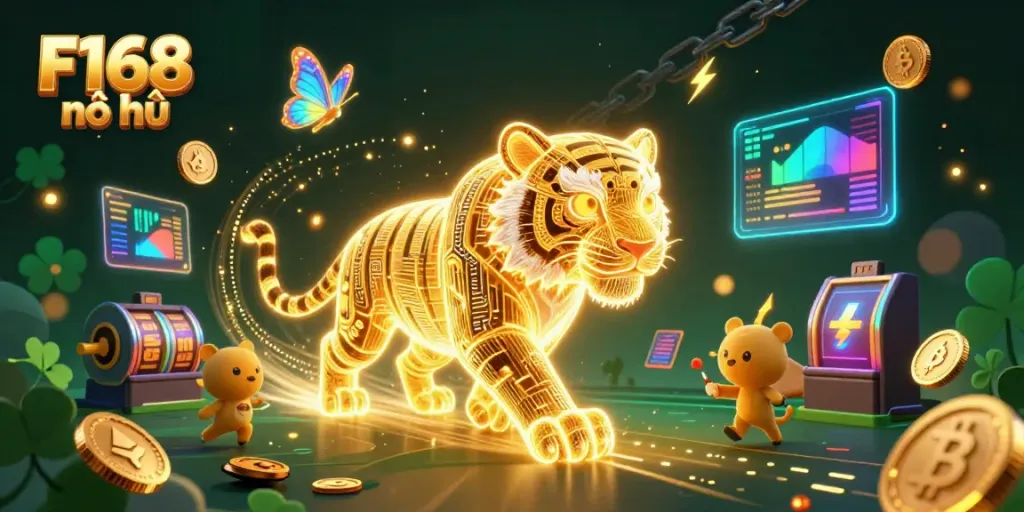 Experience the thrill of F168 nổ hũ with a dynamic scene featuring a golden tiger and jackpot elements.