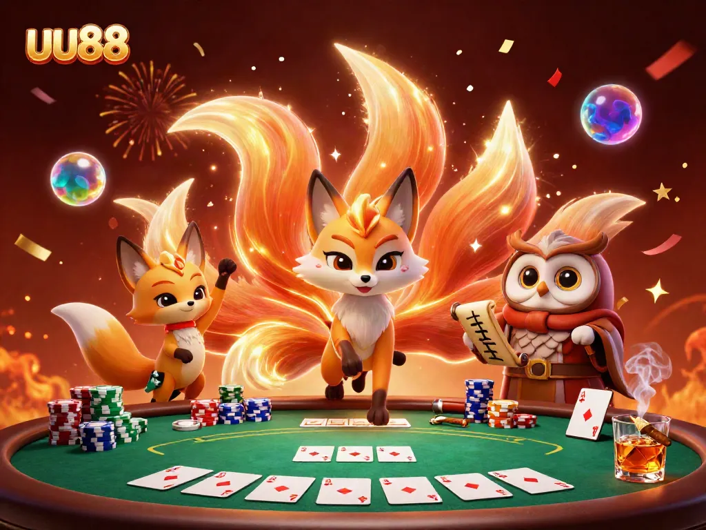 uu88 reveals a vibrant casino scene filled with poker chips and spirit energy in a colorful 3D illustration.