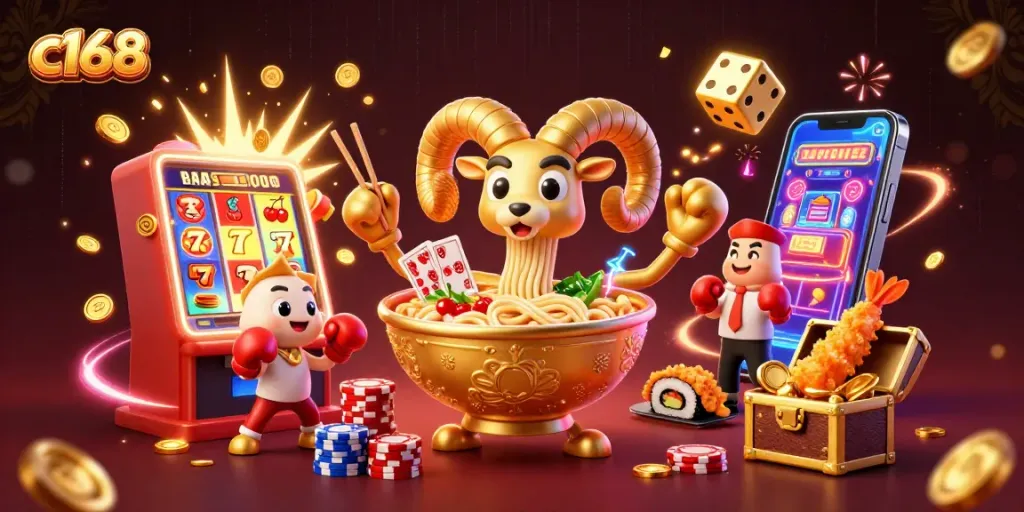 C168 showcases vibrant casino action with cartoon characters and slot machine excitement.