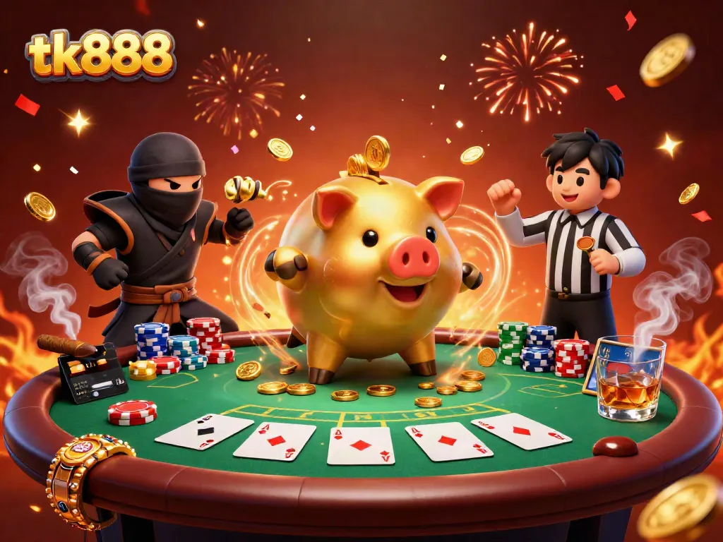 Engage with tk888's playful casino scene featuring a golden piggy bank wrestling against a ninja, surrounded by poker elements.