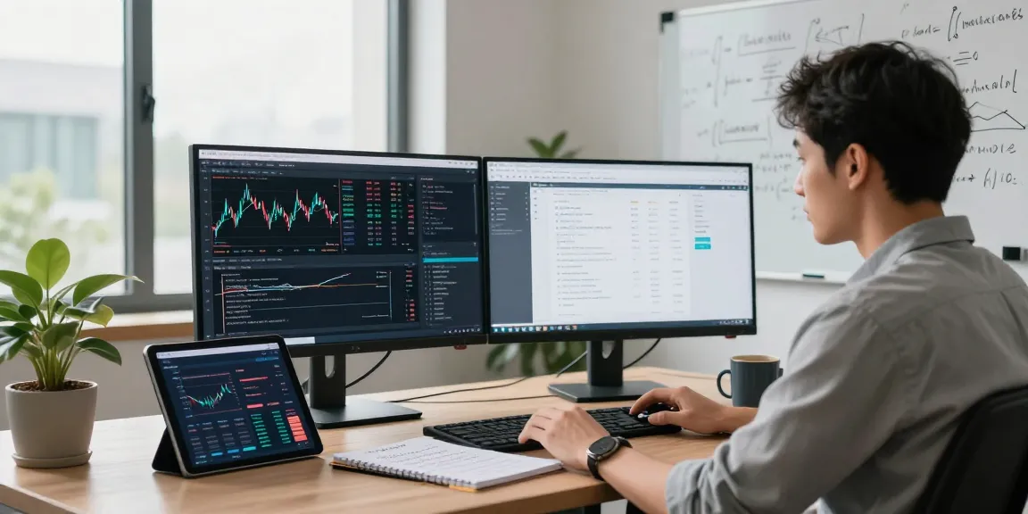 Visual representation of index backtesting data analysis in a modern tech workspace showcasing real-time charts and coding.