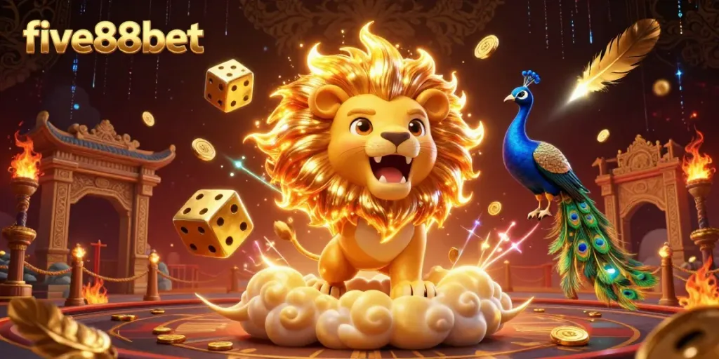 Experience the thrill at five88bet with a vibrant 3D casino illustration featuring golden dice and animated characters.