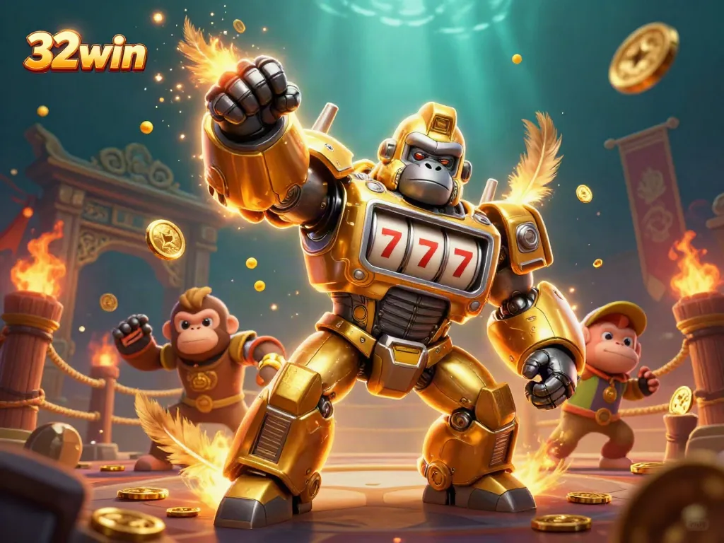 Bet on 32win for thrilling gaming adventures with a playful golden gorilla mech amidst dynamic casino elements.