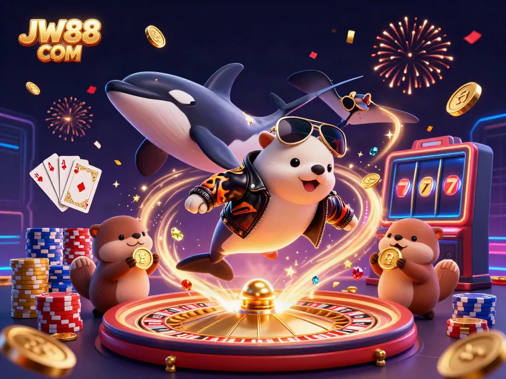 Experience thrilling action with JW88 COM's engaging characters celebrating casino success in this vibrant illustration.