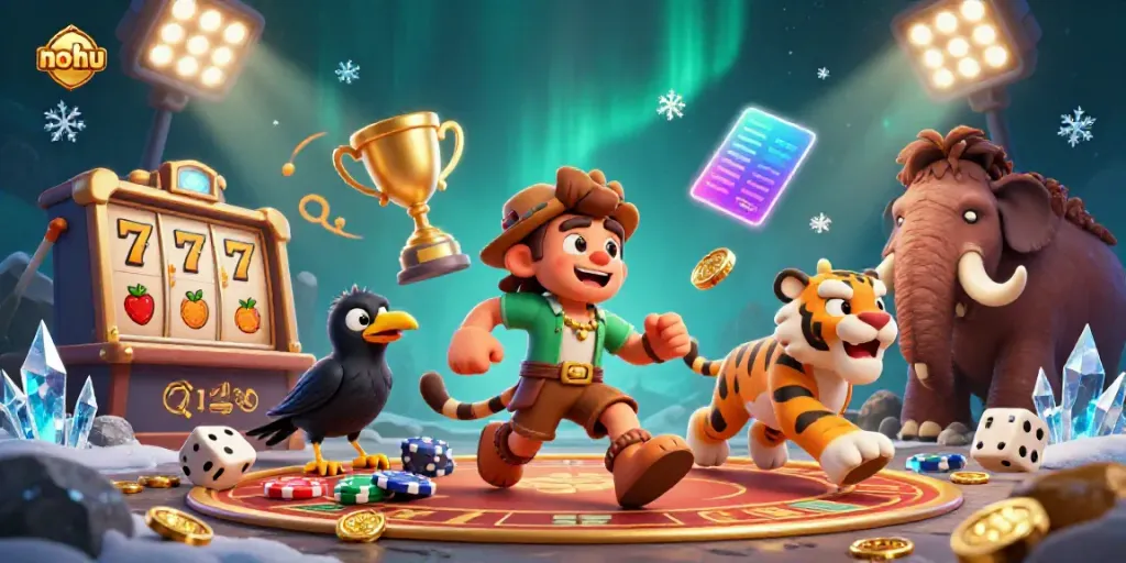 Nohu's prehistoric casino with sabertooth tiger and caveman, highlighting vibrant slots and action.