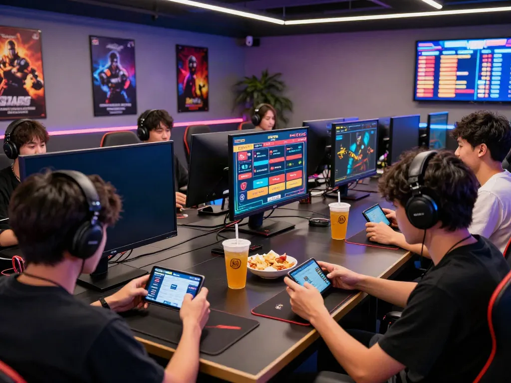 Excited players enjoying online gaming at a red88 lounge.