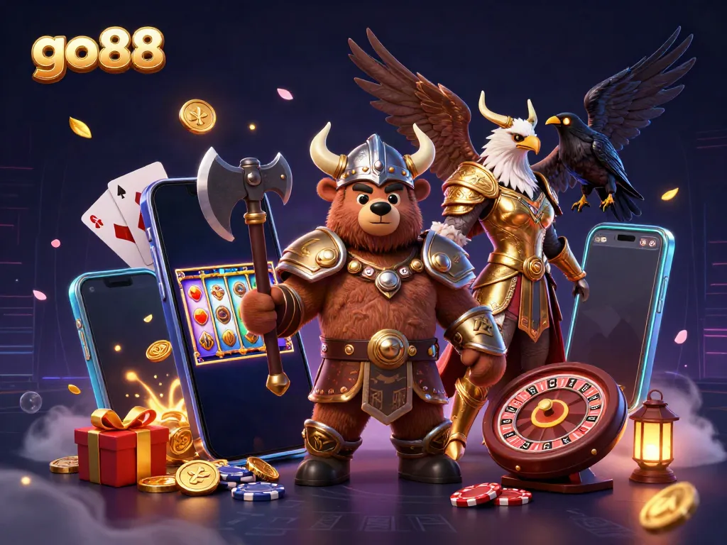 Engage with go88's vibrant casino experience featuring a Viking bear, Valkyrie eagle, and interactive gaming elements.