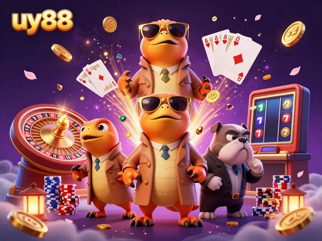 Experience the fun at uy88 with raptors in a trench coat trying to enter a VIP casino, surrounded by vibrant casino elements.