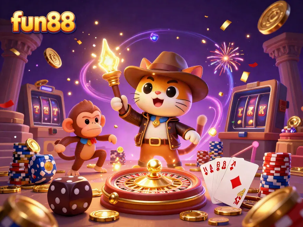 Fun88 online gaming adventure featuring an explorer cat finding golden artifacts among dazzling casino elements.