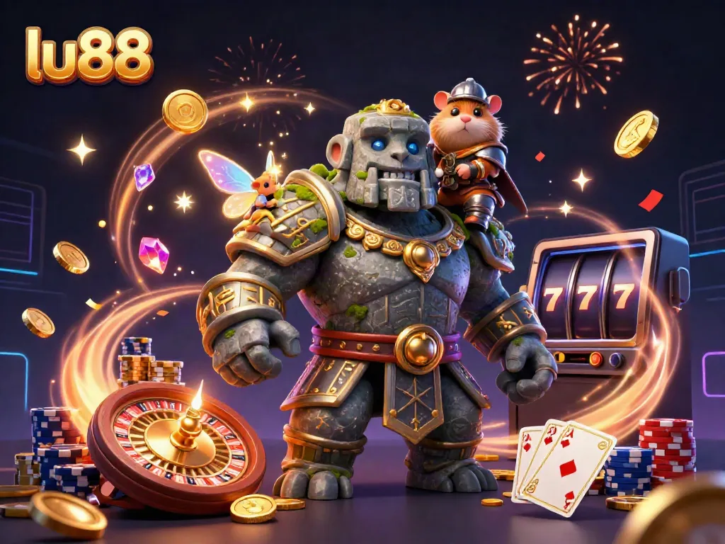 Experience the thrilling world of lu88 as golden coins and magical creatures surround a lively casino scene.