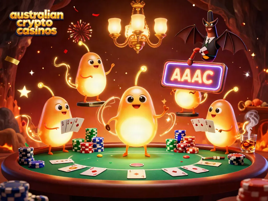 Australian crypto casinos illuminate the scene with glowworms and a bat dealer, showcasing the thrill of gameplay.