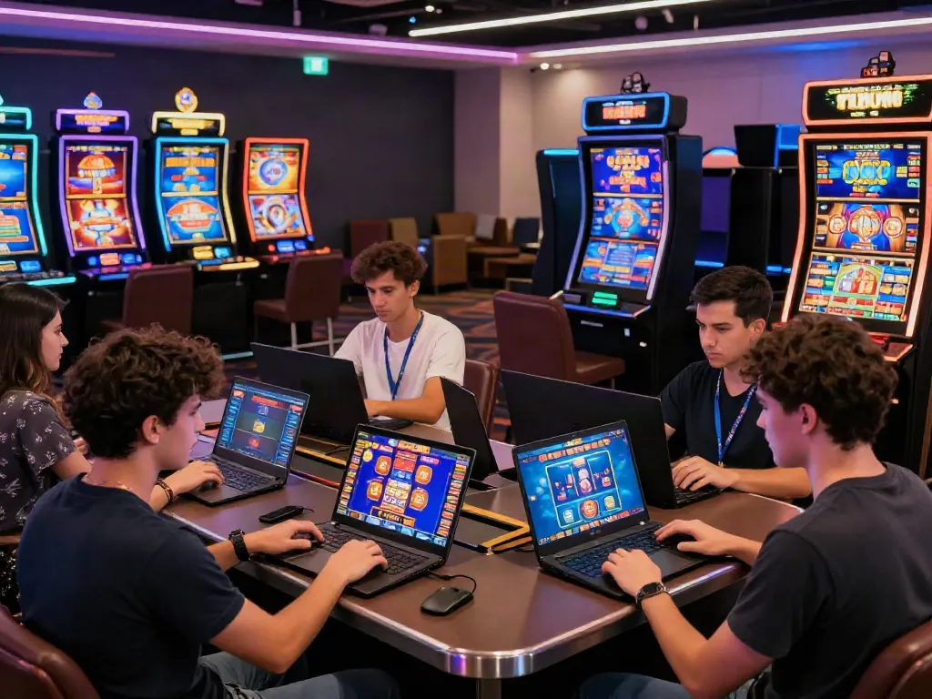 Engaging casino bonus sans depot scene with players excitedly interacting with online games.