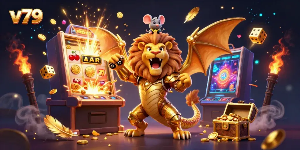 Experience winning jackpots at v79 with a thrilling chimera creature and vibrant casino elements.