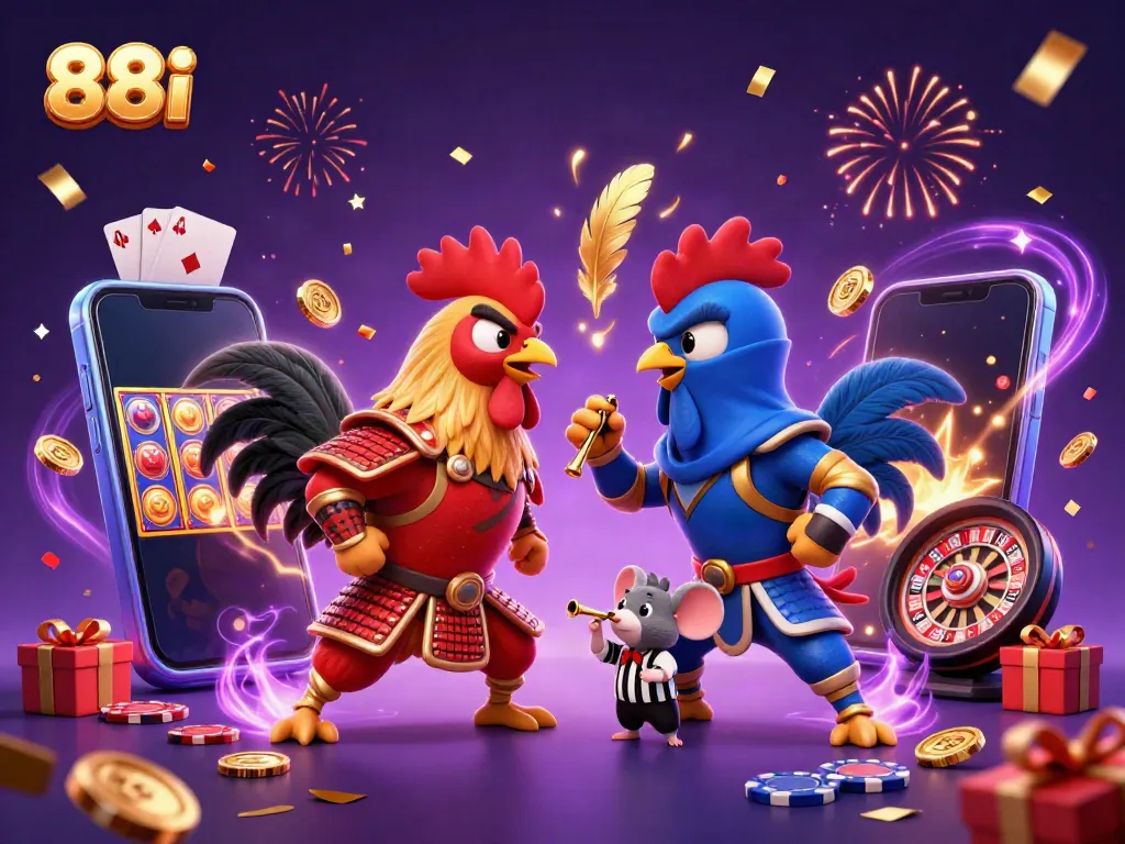 Engage in thrilling 88i battles with cartoon roosters and dazzling casino elements.