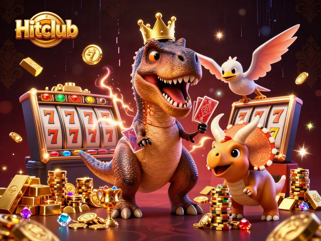 Hitclub showcases a vibrant cartoon casino scene with a T-Rex shuffling cards and a baby triceratops stacking chips.