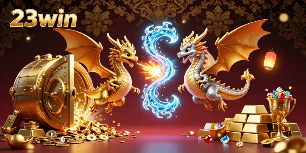 Experience the dynamic world of 23win with an ultra-detailed 3D illustration of dragons amid gold treasures.