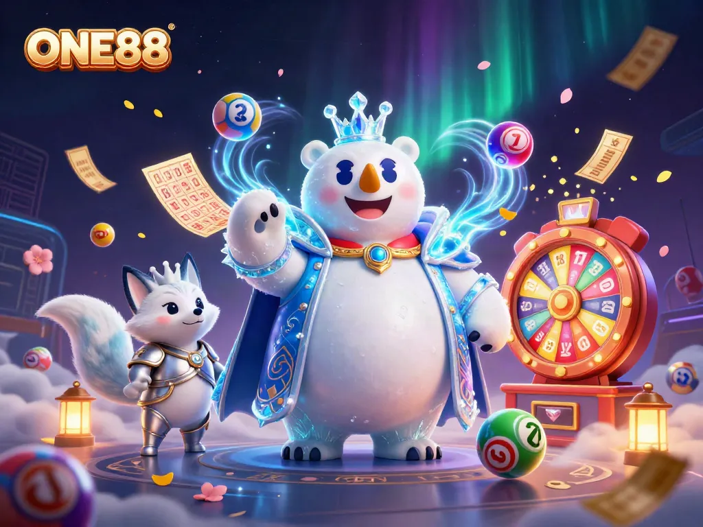 ONE88 polar bear icon wins lottery with colorful balls and dynamic casino elements