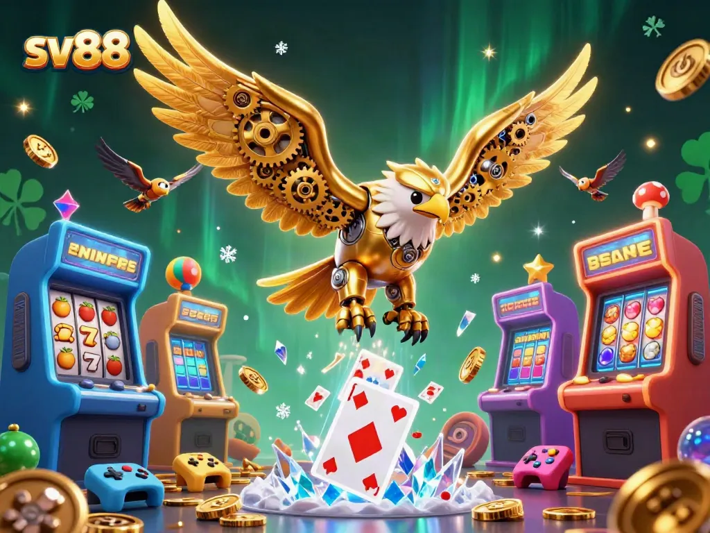 Experience the thrilling dive of sv88's golden eagle among holographic playing cards and casino-themed elements.