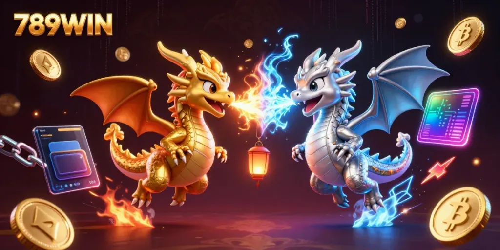Engage in thrilling gameplay at 789WIN with fiery dragons and vibrant cryptocurrency elements.