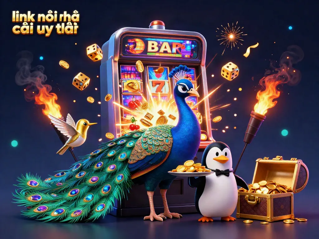 Engage with the vibrant world of 'link vào nhà cái uy tín' featuring a peacock and penguin in an exciting casino scene.