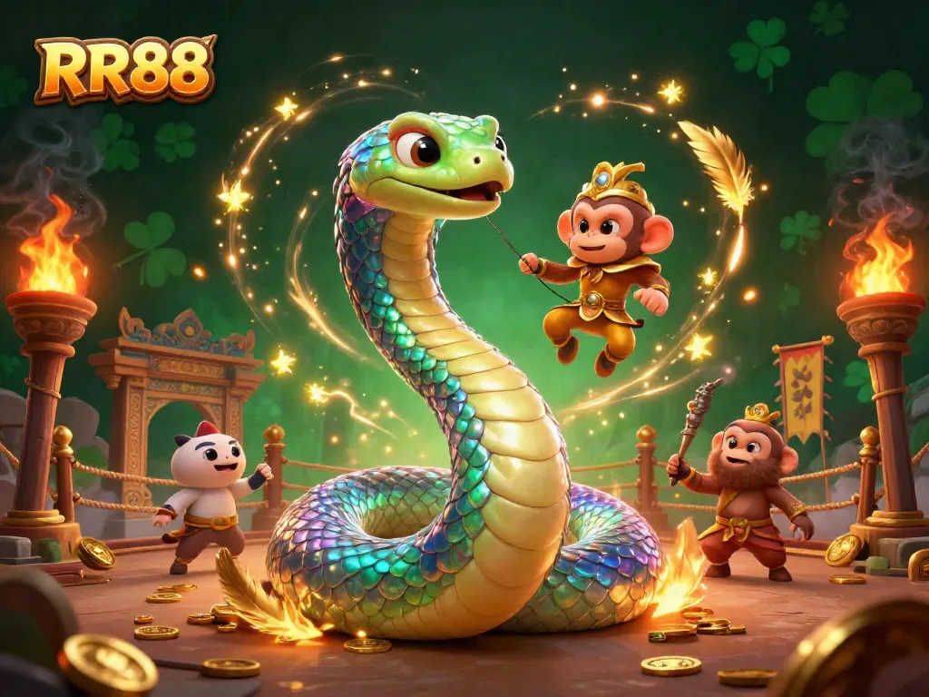 Experience thrilling betting at RR88 with vibrant serpent and monkey king in a dynamic casino scene.