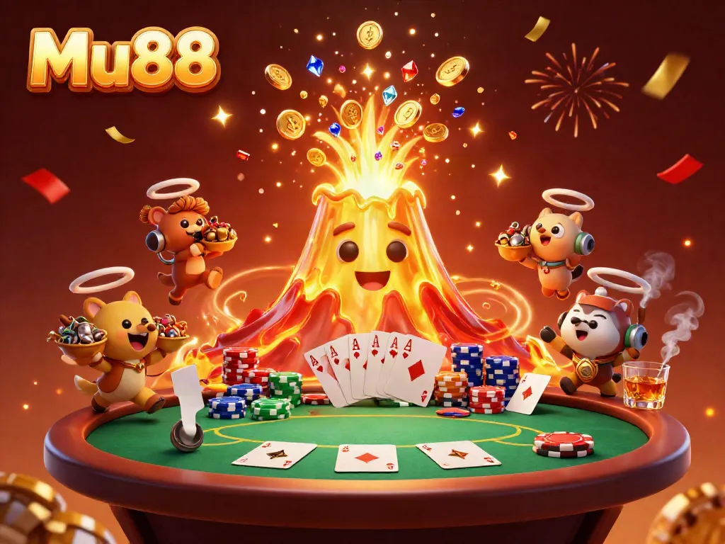 Experience the thrill of Mu88 casino gaming with triumphant volcano and treasure-laden explorers.