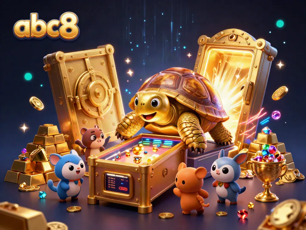 Experience gaming excitement with abc8 in a vibrant 3D scene featuring a colossal tortoise pinball machine and treasures.