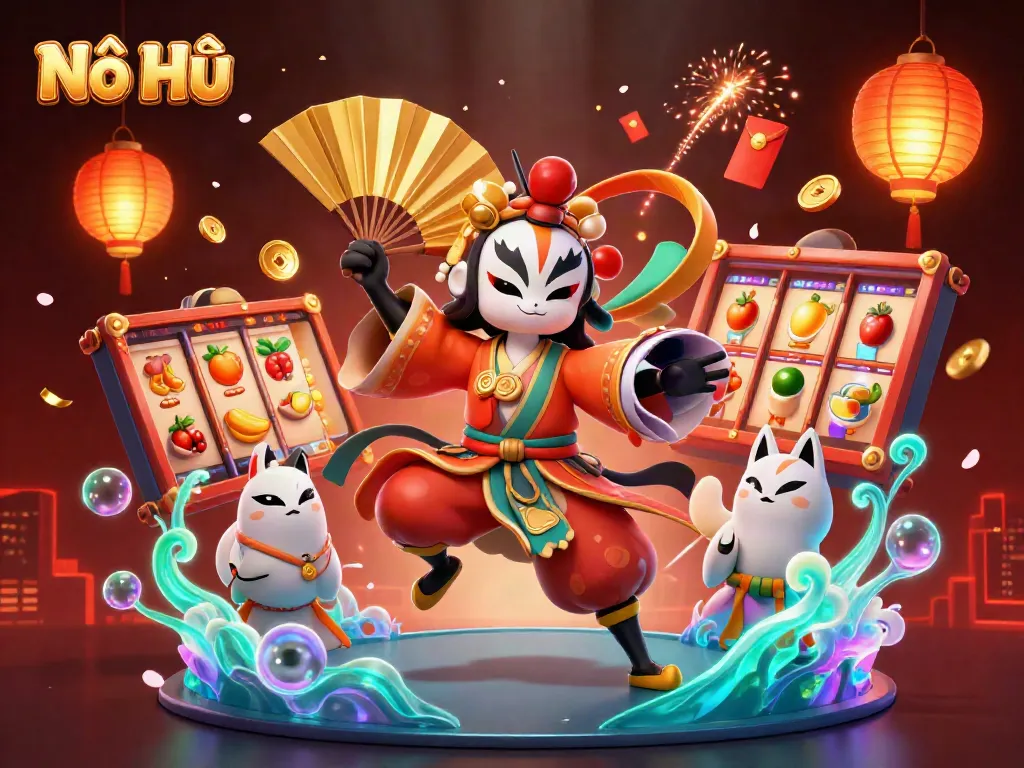 Nổ Hũ showcases an artistic 3D scene blending vibrant characters, slot reels, and festive elements celebrating online gambling.