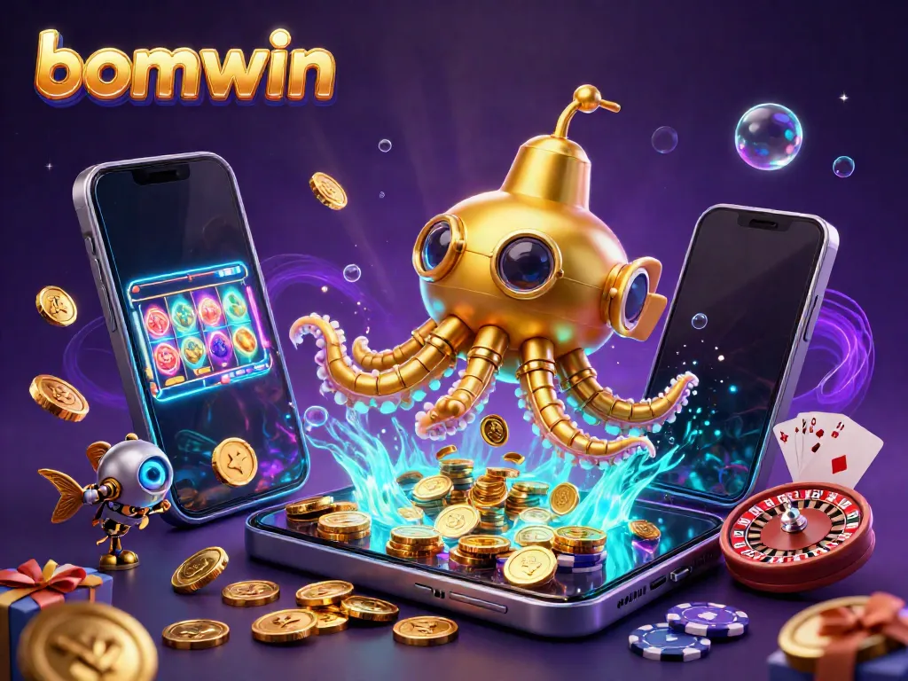 Bomwin casino illustration with a golden kraken submarine and a slot game smartphone, showcasing thrilling gaming action.