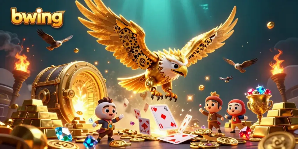 bwing enhances excitement with a cybernetic eagle diving through holographic cards and golden treasures