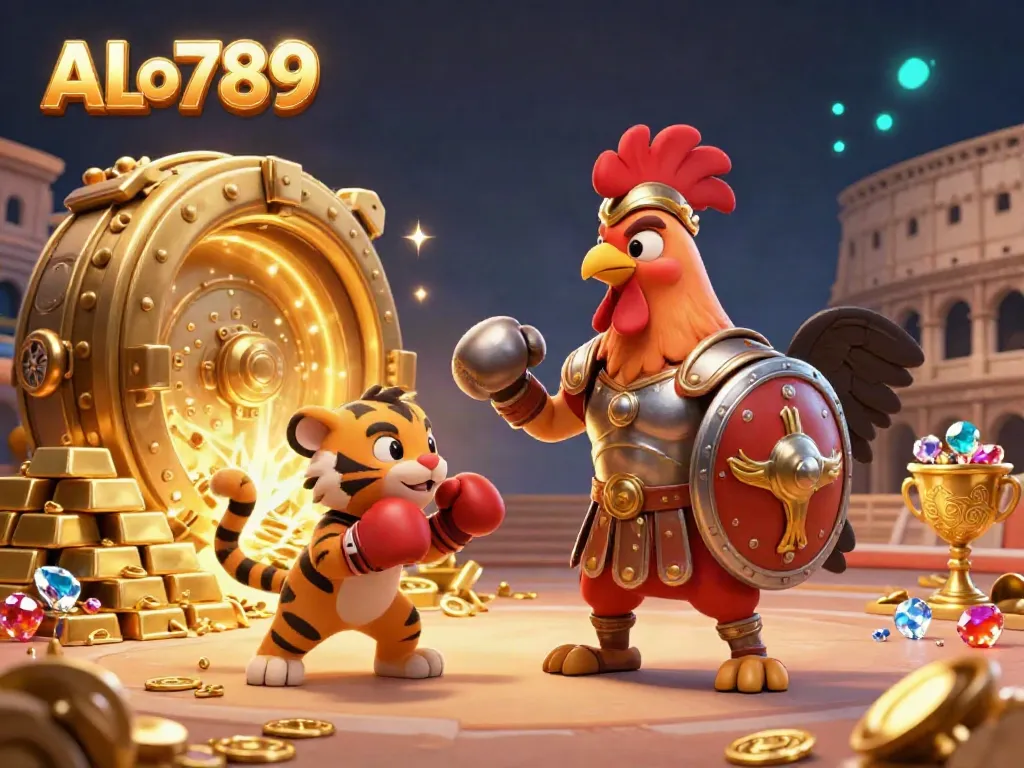 Engage with ALo789's thrilling cockfighting action amid gold treasures and animated characters.