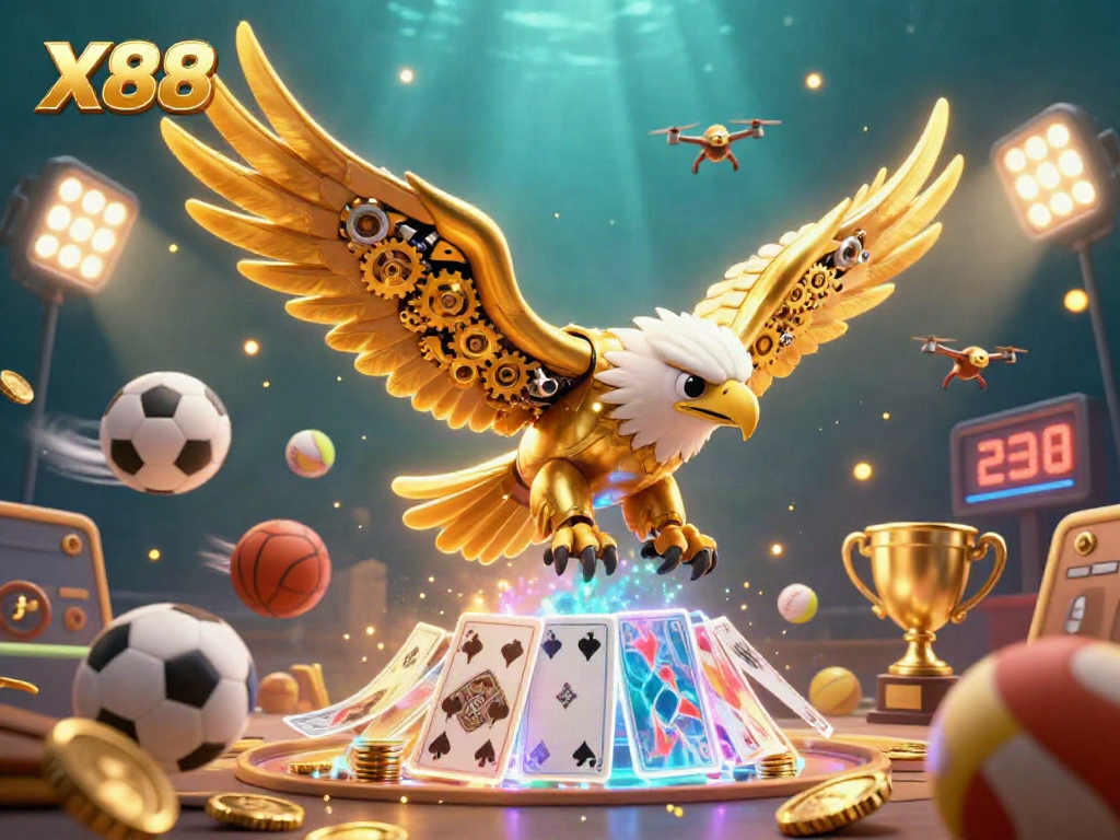 X88 celebrates excitement with a cybernetic golden eagle amidst dynamic sports action and vibrant gambling elements.