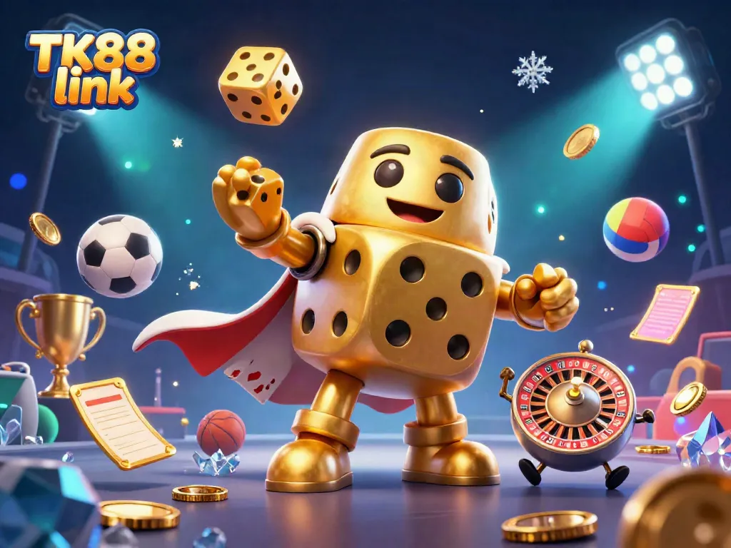 Experience exciting gameplay with TK88 link featuring a cartoon dice golem and sports elements for dynamic betting fun.