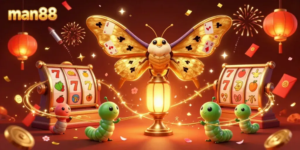 Enjoy thrilling slots at man88 with vibrant golden butterflies and festive decorations.