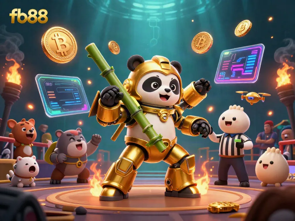 Experience the excitement of fb88 with a golden panda piloting a robot in a vibrant casino arena.