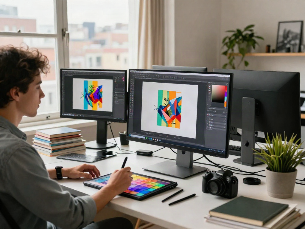 Transforming images in a bright digital art studio, showcasing Image To Image techniques through vibrant artwork.