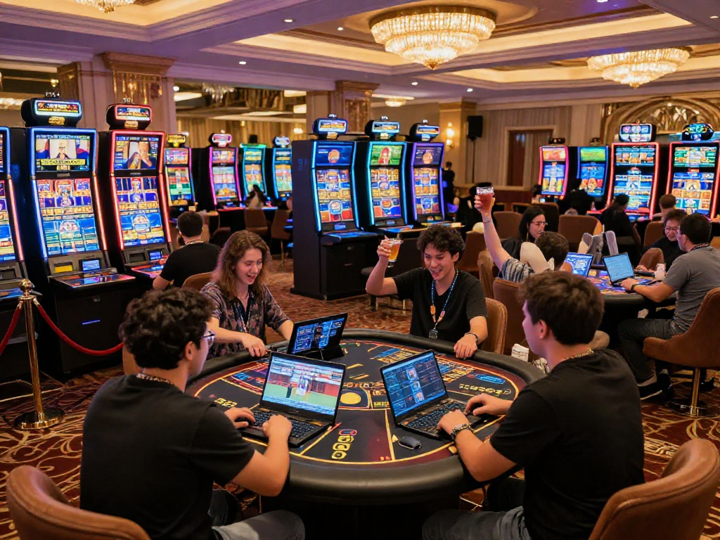 Giocatori felici nei migliori casino online celebrando vittorie in un ambiente vivace.