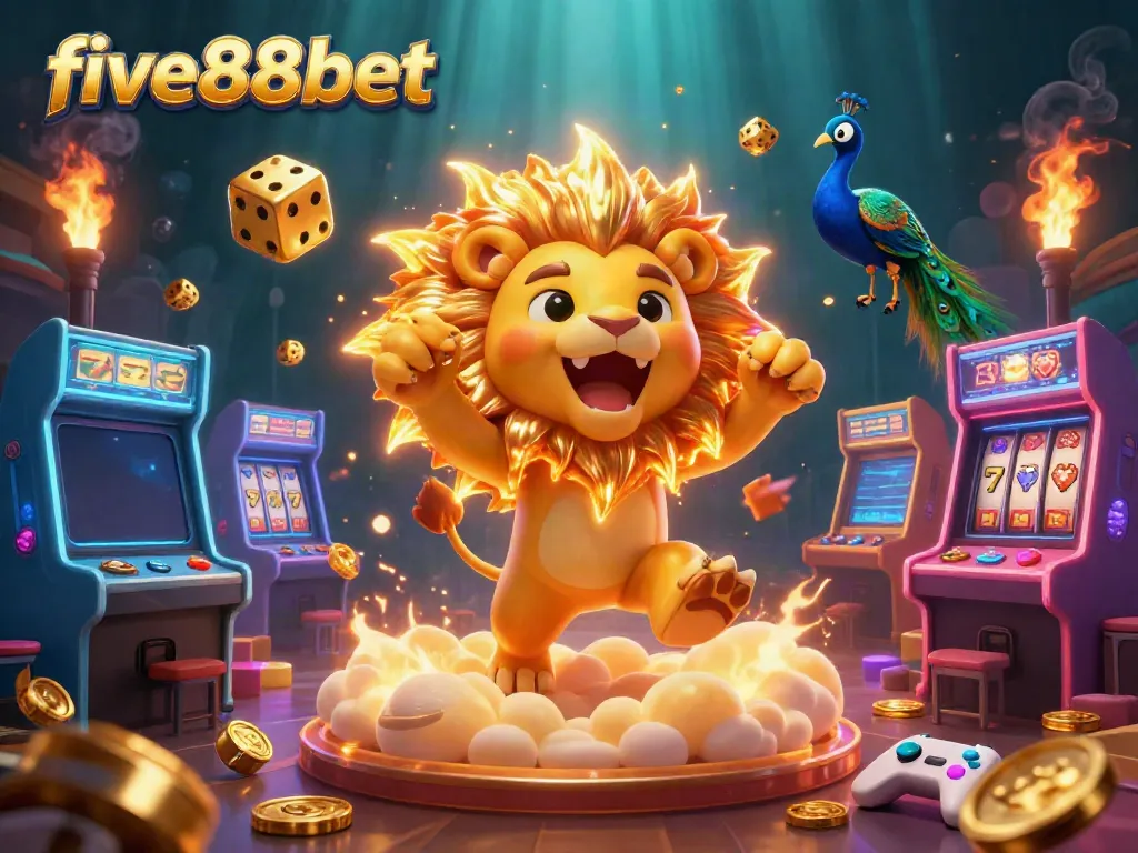 Experience thrilling games at five88bet with a vibrant casino scene featuring a roaring lion, golden dice, and colorful gaming machines.