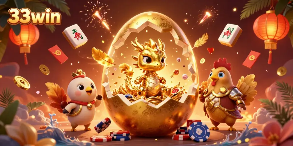 Experience the excitement of 33win with a detailed scene featuring a golden dragon and poker chips.