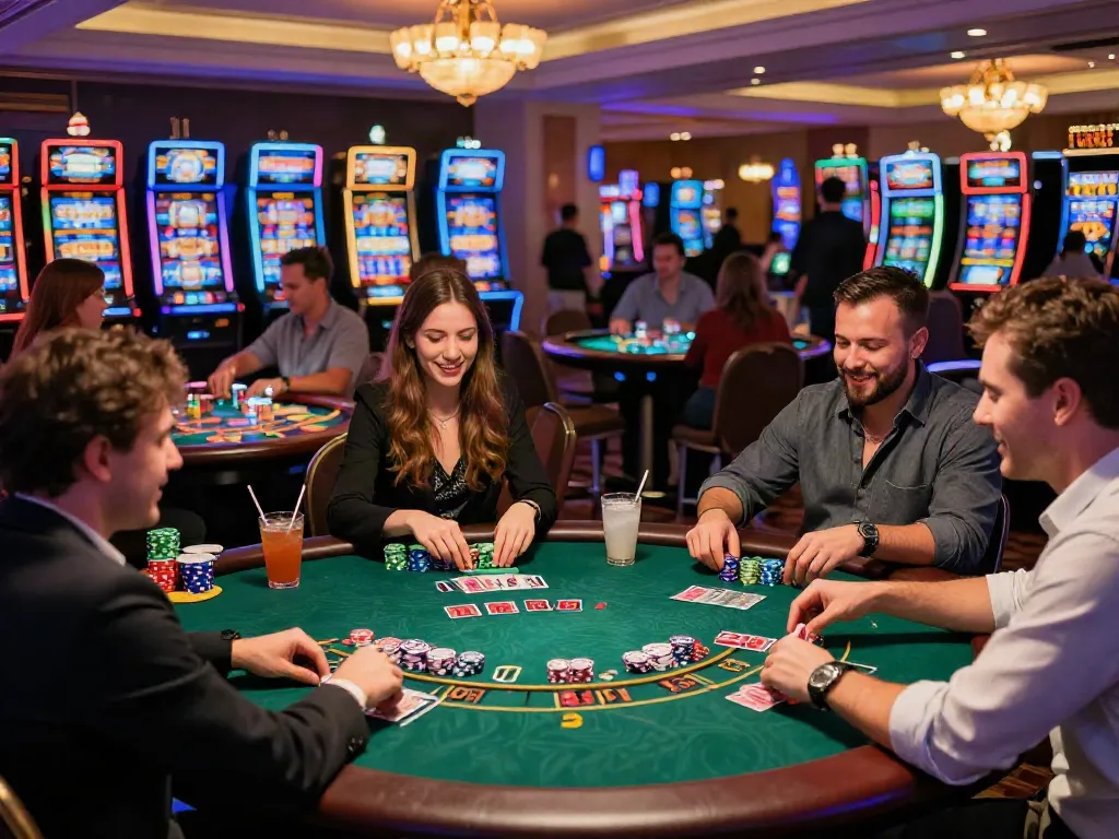 Casino environment with players enjoying tabletop games and slots at Casinos Sans depots.