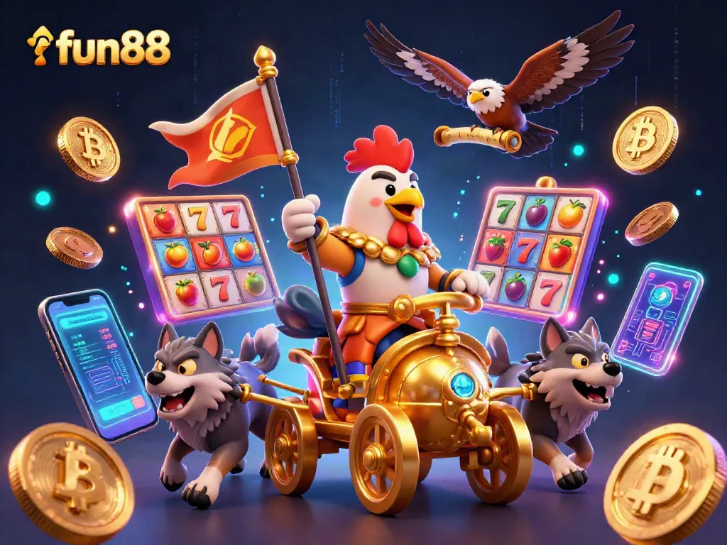 Experience fun88's vibrant slot games featuring a rooster warlord in dynamic action.