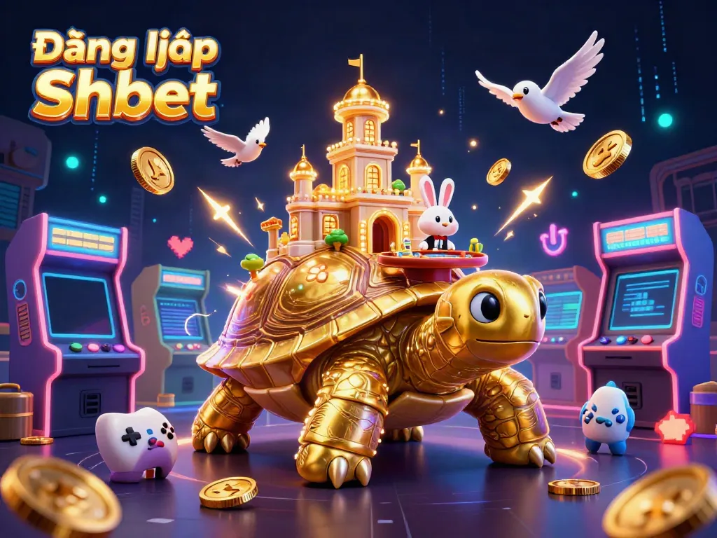 Engage with Đăng nhập Shbet at the vivid cartoon casino featuring golden tortoise, rabbit dealer, and flying coins.