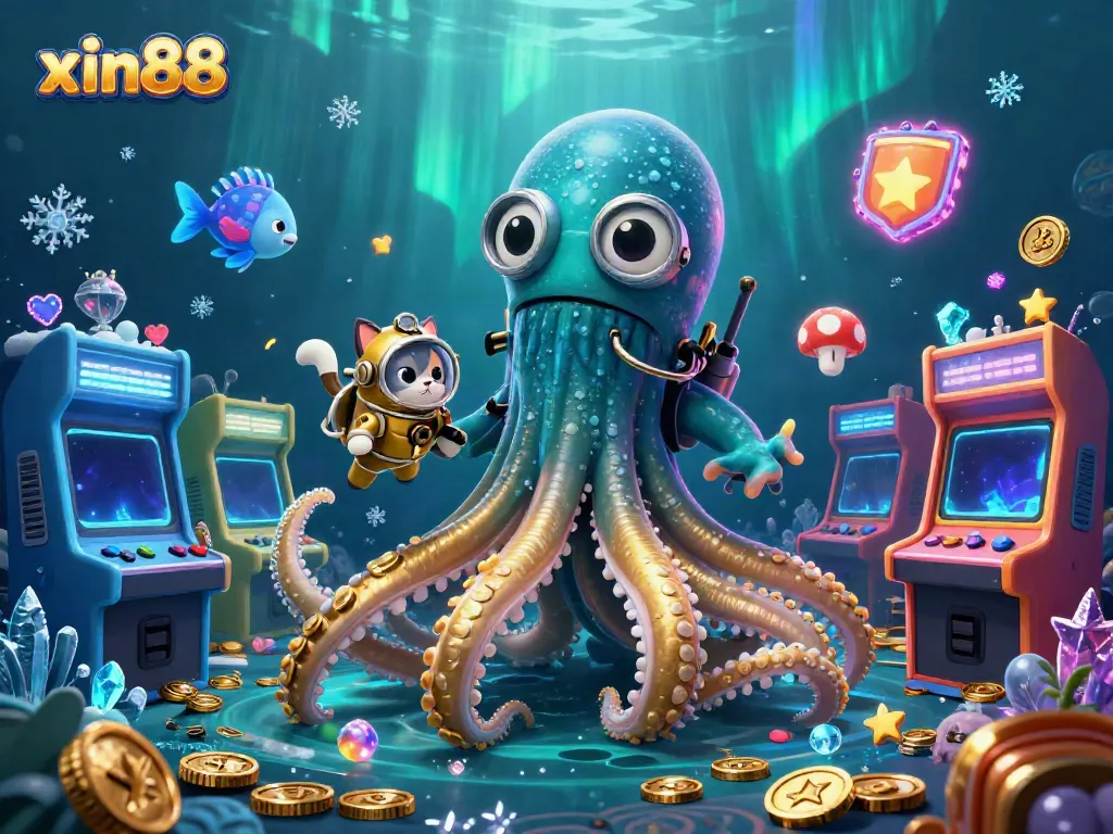 Experience thrilling gameplay with xin88 featuring a colorful underwater treasure scene, showcasing a kraken and diving cat.